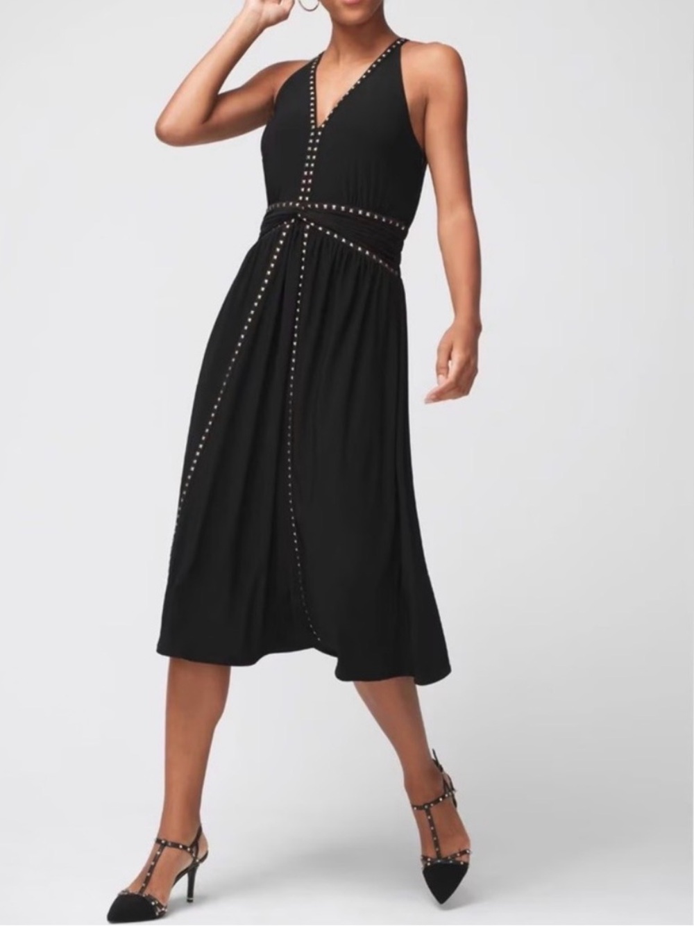 White House Black Market Rock Stud Black Midi Dress Size 8
